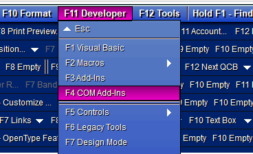 F11 F4 Com Add-Ins menu.