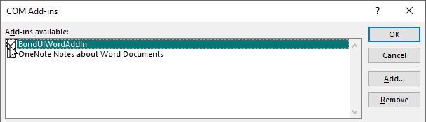 Com Add-Ins dialogue box.
