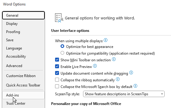Word Options → Add-ins.