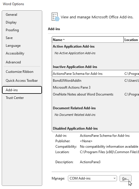 Manage COM Add-ins → Go.