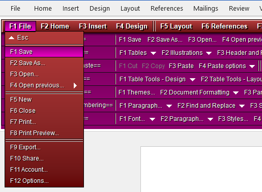 Bond classic menu with the File menu dropped down on function keys