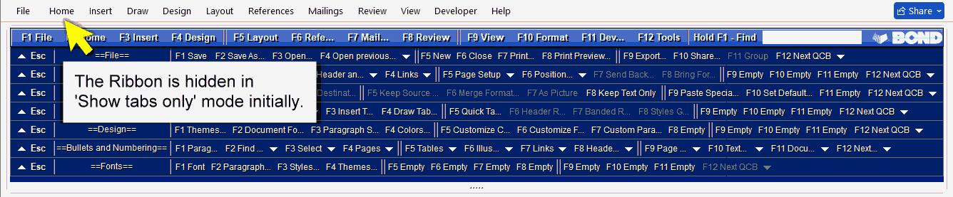 The Ribbon is hidden in 'Tabs only' mode initially.